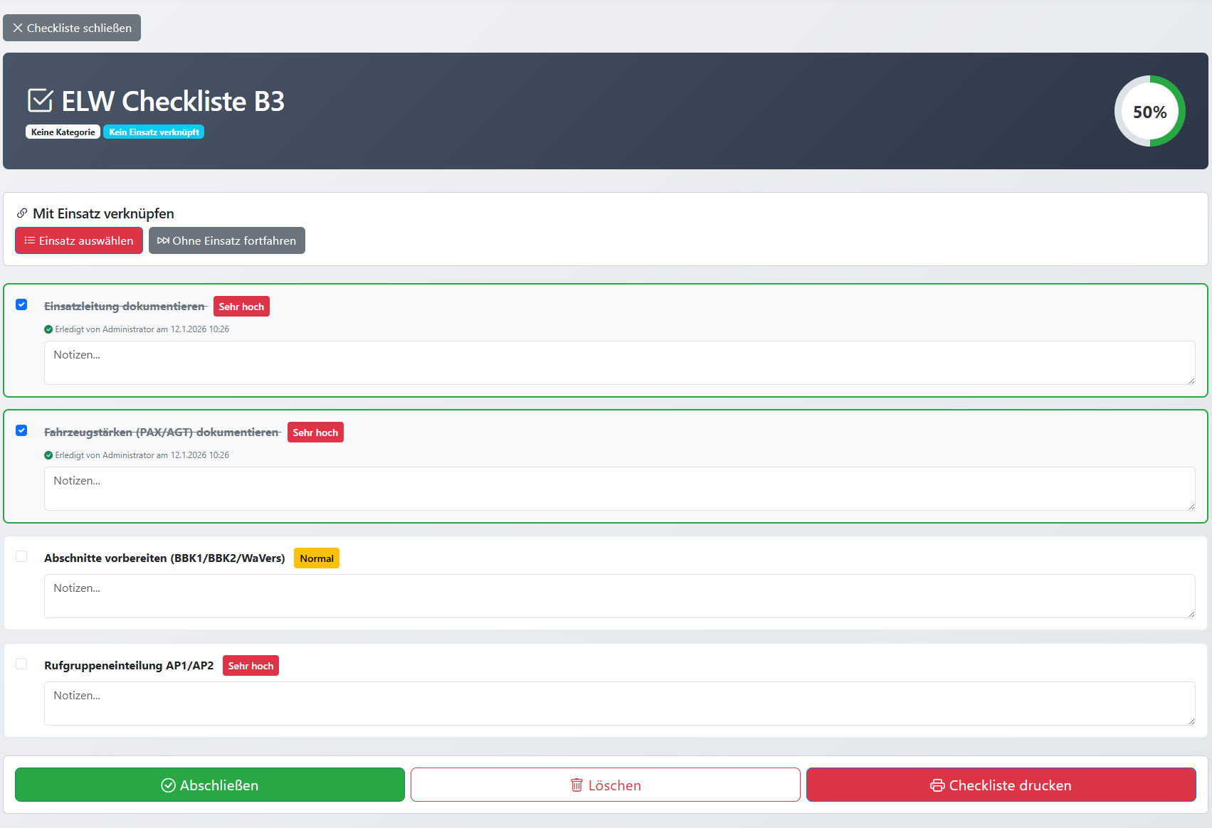 Screenshot: Checklisten-Abarbeitung