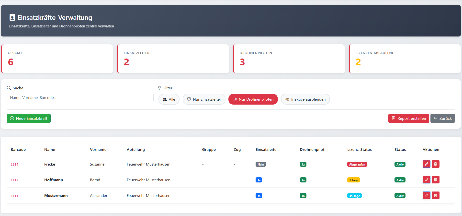 Screenshot: Lizenzübersicht Piloten