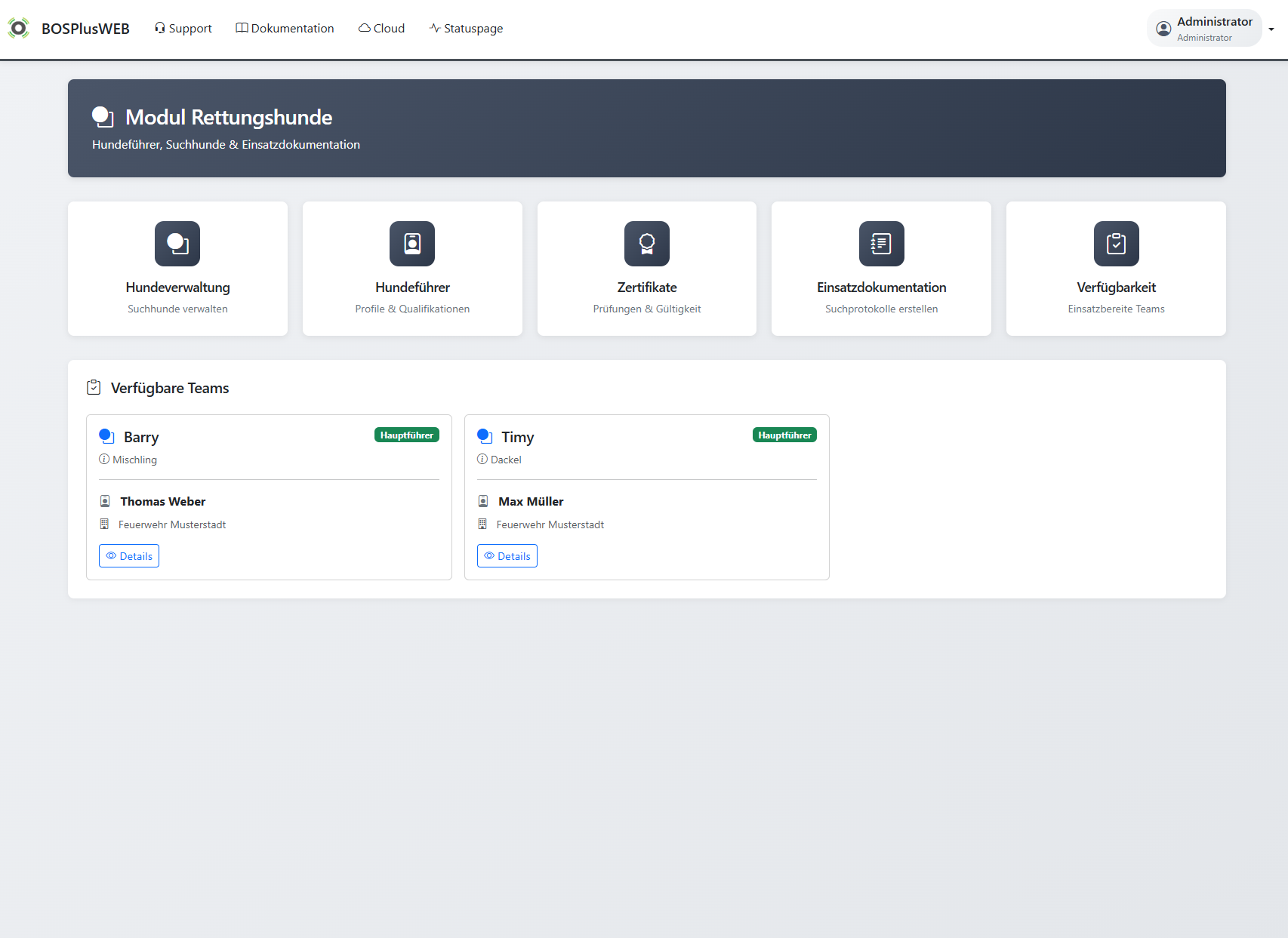 Rettungshunde-Modul Dashboard